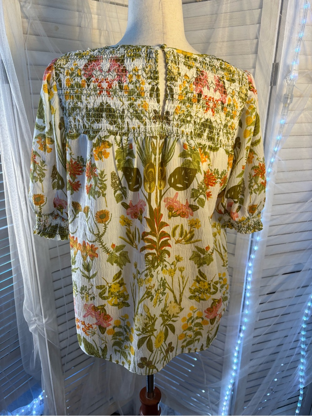 Rose & Olive White Floral Smocked Peasant Blouse with Green and Pink - Picture 3 of 4